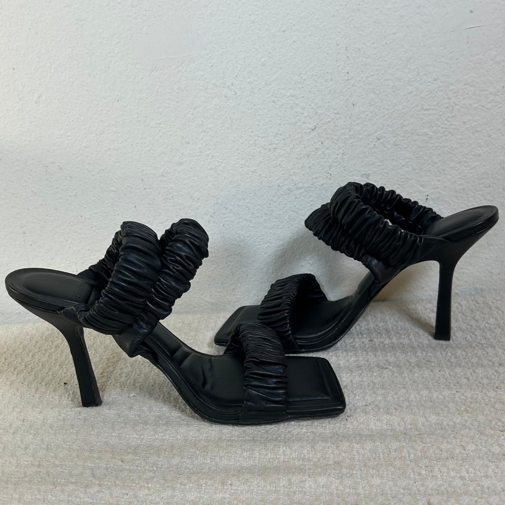 Gianni Bini Vanya-A Black Ruched Leather Square Toe Stiletto Heel Sandals 8.5M